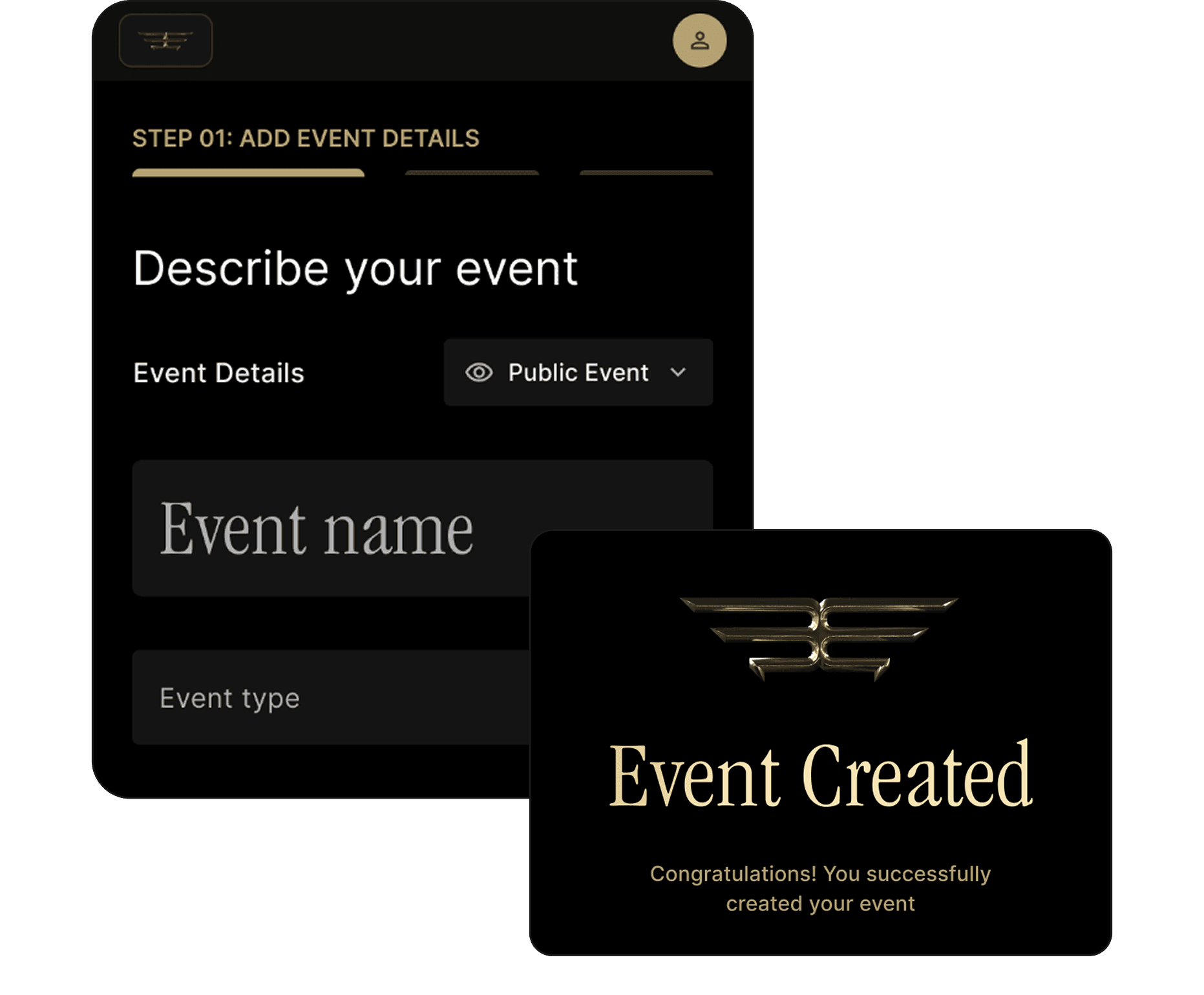 An image of two screenshots. One on top of the other showing the first and last step of the event creation flow in Pilot Life